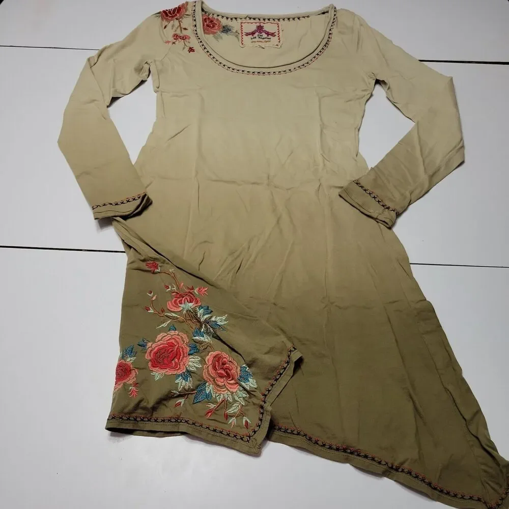 JW Los Angeles Womens S Dress‎ Green Embroidered Scoop Neck Long Sleeve Pullover